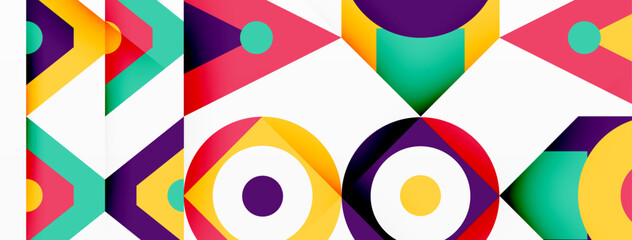 Obraz premium Vibrant and creative geometric pattern featuring colorful arrows and circles in magenta and red tones, set against a white background. A modern and artistic textile design