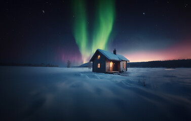 small house in the middle of a snow field with aurora borealis in the night sky