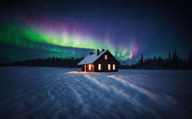 small house in the middle of a snow field with aurora borealis in the night sky