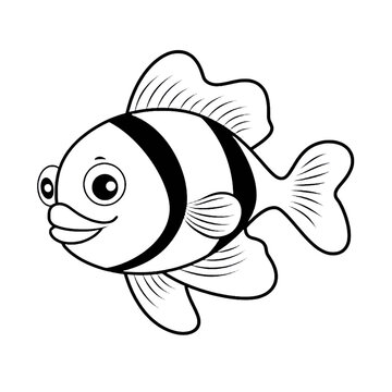recommend clip art: Cute cartoon clownfish, simple black and white line art for coloring book