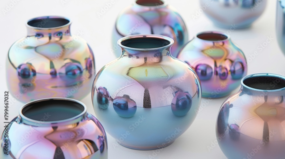 Poster a series of ceramic vases with a unique iridescent finish shimmering and changing colors depending o