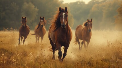 Herd of Horses Galloping in Golden Field at Dusk. Dynamic herd of horses charges through a field, their manes flowing, as the golden light of dusk envelops the landscape.