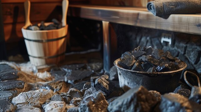 A shot of a towelcovered sauna stove overflowing with hot rocks and a bucket of water next to it..