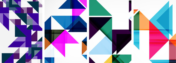 A vibrant display of colorfulness with purple, azure, violet, and aqua triangles on a white background. A creative arts piece resembling a colorful rectangle with overlapping triangles