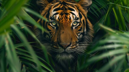 Stealthy Tiger Lurking in Dense Green Foliage. Striking face of a tiger emerges from the dense greenery, a beautiful yet formidable presence in the lush habitat.