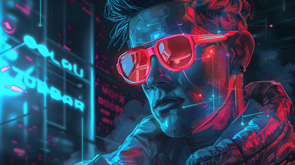 man software engineer cyberpunk crypto market bitcoin trading bitcoin logo glasses