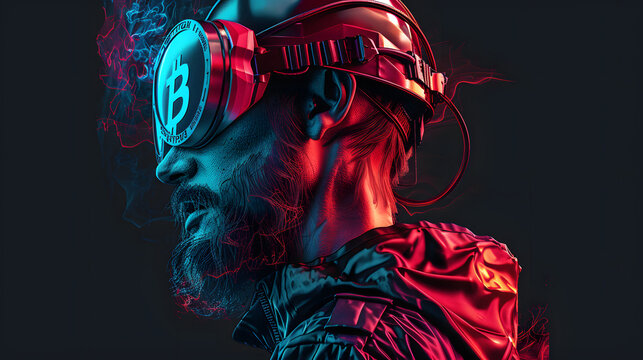 man software engineer cyberpunk crypto market bitcoin trading bitcoin logo glasses