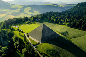 landscape with ancient pyramid inbetween green fields and forest, farmland, nature, concrete, aerial view, photorealistic // ai-generated 