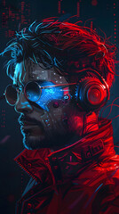 Fototapeta premium man software engineer cyberpunk crypto market bitcoin trading bitcoin logo glasses