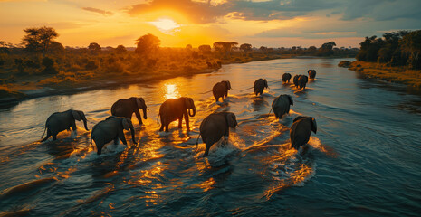 Elephants Crossing River at Golden Sunset. Majestic procession of elephants crosses a river against...