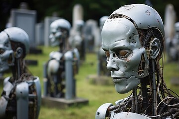 Fototapeta premium Cybernetic Cemetery Sculptures: Robotic sculptures honoring the departed in a cemetery.