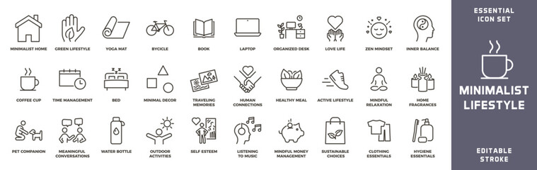 Minimalist lifestyle vector thin line icons for a modern, sustainable, decluttered and simple living that promotes wellbeing
