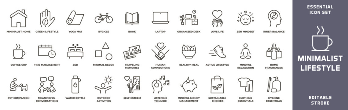 Minimalist lifestyle vector thin line icons for a modern, sustainable, decluttered and simple living that promotes wellbeing