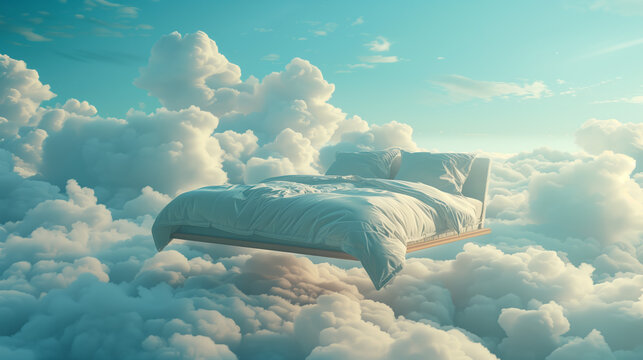bed drifts among soft, fluffy clouds, creating an otherworldly scene that blurs the boundaries between dreams and reality.......