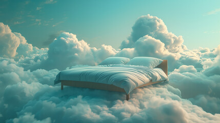 bed drifts among soft, fluffy clouds, creating an otherworldly scene that blurs the boundaries between dreams and reality....... - obrazy, fototapety, plakaty