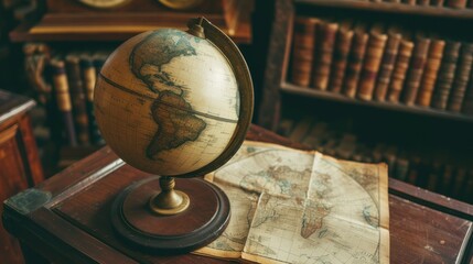 A globe sits on a table next to a stack of books