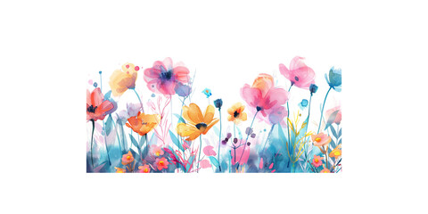  watercolor wildflowers, field of flowers, petals and leaves, colorful, white background