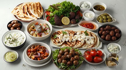 Greek food background, Meze, gyros, souvlaki, fish, pita, greek salad, tzatziki, assortment of...