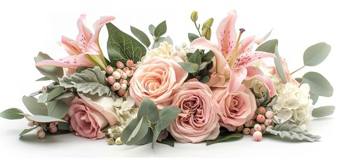 Lovely pink blooms composed of dusty pink rose, milky lily, and hydrangea blooms set over a white setting lush foliages for visual attract and space, Generative AI. - obrazy, fototapety, plakaty