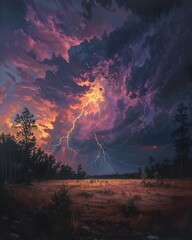 Lightning strikes illuminating the tumultuous sky - obrazy, fototapety, plakaty