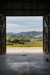 The serenity of a hangar nestled among rolling hills, its doors open to reveal a panoramic view of the countryside, Generative AI