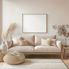 Mockup frame in light cozy and simple livingroom interior background - obrazy, fototapety, plakaty