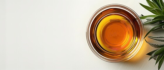 A close shot of transparent glass bowl of agave syrup and agave on a plain white backdrop and big space for text or product advertisement, Generative AI. - obrazy, fototapety, plakaty