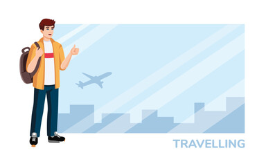 Young Man with backpack showing thumbs up at the airport before flight. Travelling concept, flat design, cartoon style. Vector illustration. Copy space