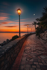 landscape with a cobblestone path leading to the sea, beach promenade, palms, moon at the sky, sunset sky and sea view, photorealistic // ai-generated 
