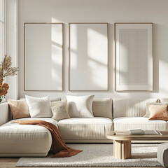 Mockup frame in light cozy and simple livingroom interior background - obrazy, fototapety, plakaty