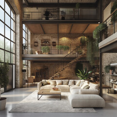 Modern House interior in loft, industrial style, 3d render - obrazy, fototapety, plakaty