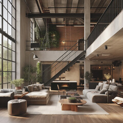 Modern House interior in loft, industrial style, 3d render - obrazy, fototapety, plakaty