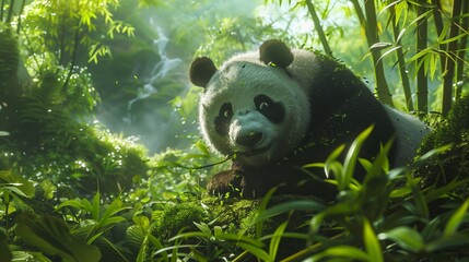 Panda in a Mystical Bamboo Forest. Enchanting giant panda peers through the dense foliage of a...
