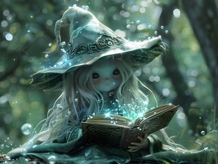 Enchanted Aquatic Creature Holds Ornate Spellbook in Mysterious Forested Realm - obrazy, fototapety, plakaty