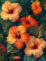 Vibrant and Exotic Hibiscus Floral with Lush Tropical Foliage - obrazy, fototapety, plakaty