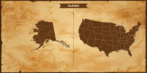 Alaska state map, United States of America map with federal states in A vintage map based background, Political USA Map - obrazy, fototapety, plakaty