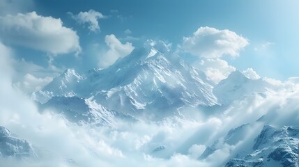 Peaceful Snow Capped Alpine Landscape with Majestic Mountain Peaks Rising Above Dramatic Clouds in Scenic Wilderness Setting - obrazy, fototapety, plakaty