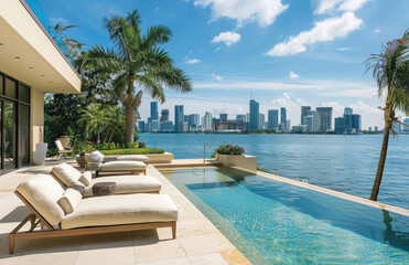 Miami home with pool and outdoor seating, overlooking the city skyline and bay, palm trees, tropical plants, sun loungers, blue sky, view over water to buildings.