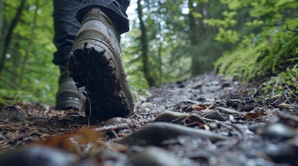 A person is walking along a trail in the woods, surrounded by trees and greenery. The trail is narrow and covered with fallen leaves, with sunlight filtering through the canopy above.