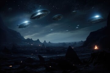 Fototapeta premium Asteroid Haunt: Ghostly beings floating among asteroids in a desolate region.