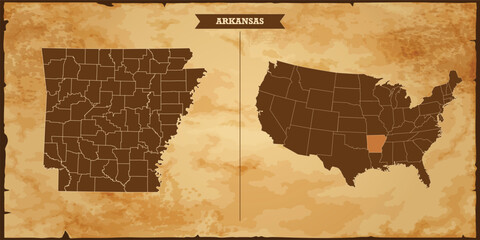 Arkansas state map, United States of America map with federal states in A vintage map based background, Political USA Map - obrazy, fototapety, plakaty