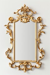 A simple golden Baroque mirror, front view, in the style of Baroque, on a white background, in a high resolution
