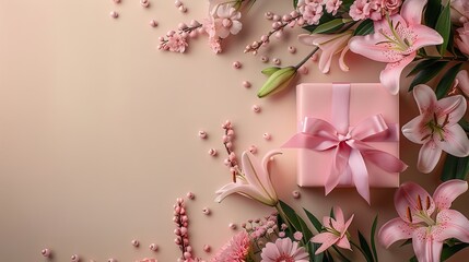 A top view of beautiful bouquet of rose and lilies flowers with a gift box kept on a beige backdrop with a big space for text or product advertisement background, Generative AI.