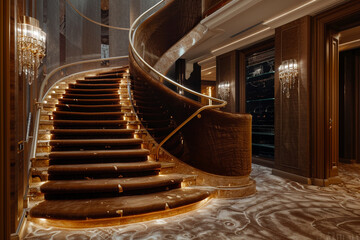 A luxurious foyer with a curved staircase enveloped in velvet, leading to an opulent second floor....