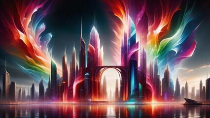 Futuristic cityscape translucent multicolor crystals - obrazy, fototapety, plakaty