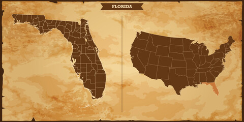 Florida state map, United States of America map with federal states in A vintage map based background, Political USA Map - obrazy, fototapety, plakaty
