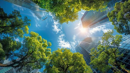 Design a striking image from a low-angle perspective showcasing diverse environmental policies impacting global climate goals Highlight the contrast of nature and urban development to convey - Powered by Adobe