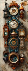 Devise a creative montage of side views portraying traditional clocks from around the world, blending cultural aesthetics with modern design elements Highlight the intricacies of each clock - obrazy, fototapety, plakaty