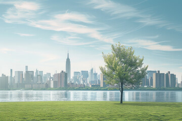 Obraz premium Minimalist cityscapes with a focus on the natural elements that coexist within urban environments, such as parks, trees, and waterfronts, against a simple sky backdrop. 