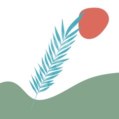 Boho leaves long twig branch foliage blue leaf mountain orange sun illustration